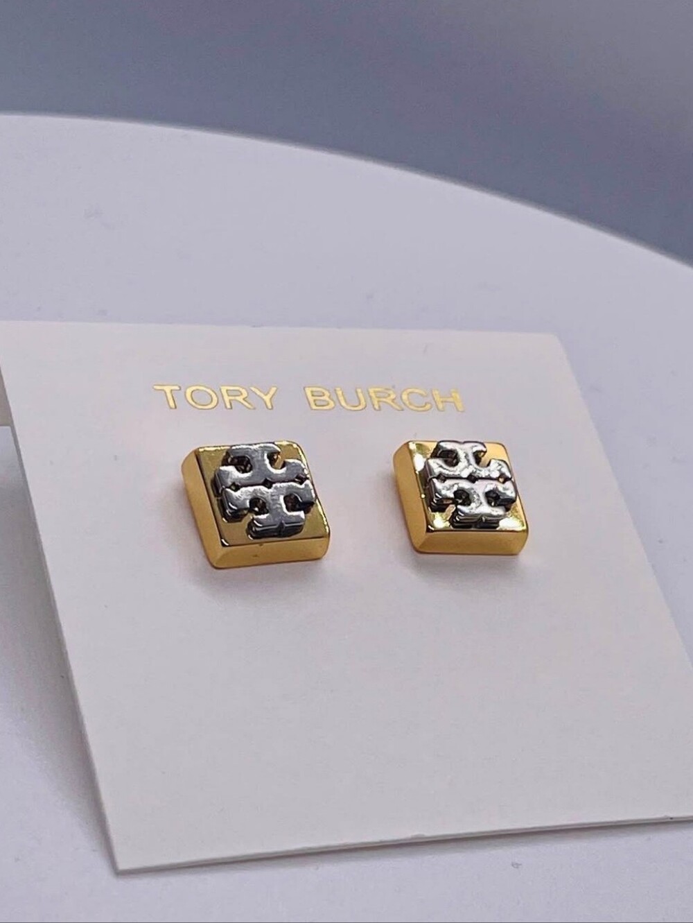 Tory Burch Gold & Silver Logo Square Stud Earrings